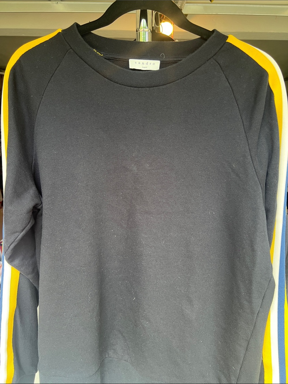 Sandro Men’s Black Crewneck Sweater with Yellow Side Stripes